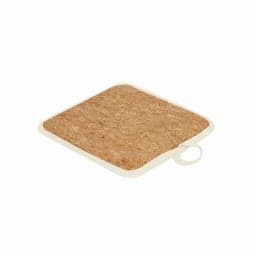 A square cork mat with a white border and a looped handle for easy lifting. The cork surface is natural in colour.