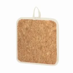 A square cork pot stand with a cream-coloured fabric border and a hanging loop.