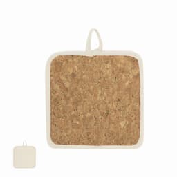 A square cork pot holder with a cream-coloured border and a hanging loop, displayed alongside a smaller version.