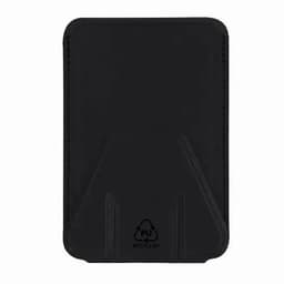 A black cardholder made of PU material, featuring a simple design with a slot for cards and a branding logo.