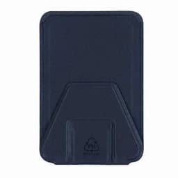 A card holder in navy blue with a textured finish and a rear pocket for cards. It features a logo on the back.
