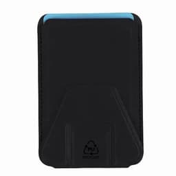 A sleek black card holder made from recycled materials, featuring a thin design and a blue accent at the top.