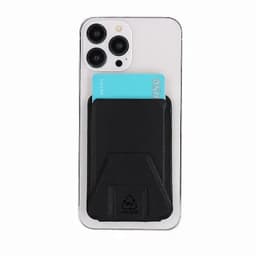 A phone with a black cardholder attached, featuring a blue card in the pocket. The phone has a three-camera setup.