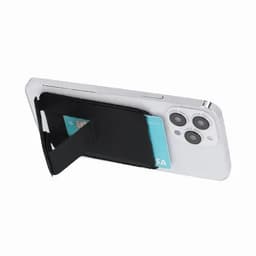 A phone wallet attachment in black, holding a credit card, attached to the back of a smartphone.