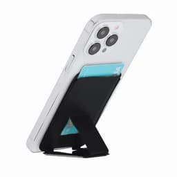 A phone with a black card holder attached, featuring a stand for support. The phone is white with a glossy finish.