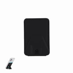 A black phone wallet featuring a stand, made from recycled materials, with a logo on the front.