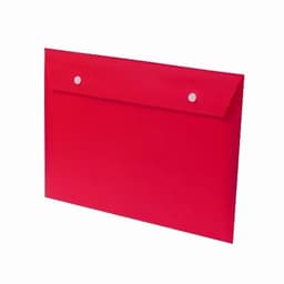 A red envelope with snap closures at the top, featuring a smooth surface and a simple design.
