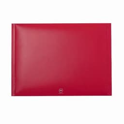A red promotional folder with a shiny finish, featuring a logo in the centre.