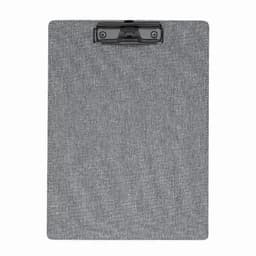 A clipboard with a grey textured surface and a black clip at the top.