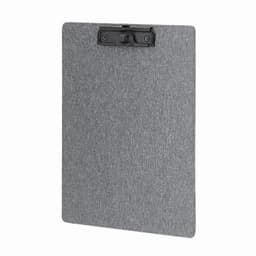 A grey clipboard with a black clip at the top for securing papers. Features a textured surface.