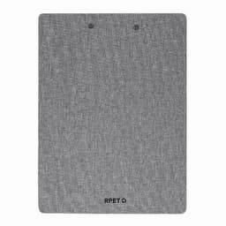 A grey fabric notebook cover featuring two holes at the top and a logo at the bottom.