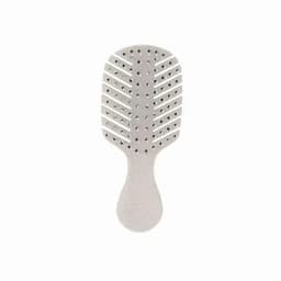 A grey paddle hairbrush with an ergonomic handle and evenly spaced bristles for easy styling.