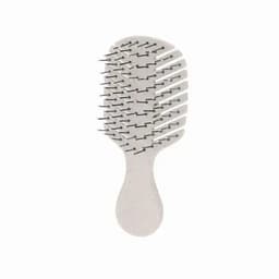 A hairbrush with a grey handle and metal bristles, featuring a smooth paddle design.