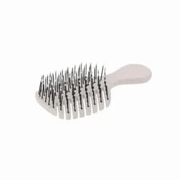 A hairbrush with a white handle and black bristles, designed for detangling hair.