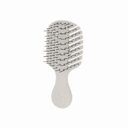 A hairbrush with a white body and flexible bristles, featuring a smooth, contoured handle.