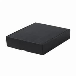 A black rectangular box with a smooth surface and closed flap. It has no visible branding or labels.
