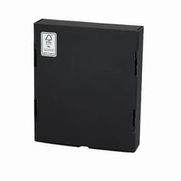 A black carton box with tabs for closure and a small logo in the corner. The box has a matte finish.