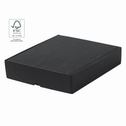 A black cardboard box with a flap opening and a logo indicating responsible forestry.