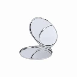 A compact mirror with a silver finish, featuring two reflective surfaces inside, elegantly hinged for easy opening.