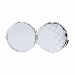 A compact mirror with a shiny silver exterior and two open halves, one with a reflective surface and one textured.