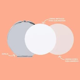 A compact mirror with a metallic surface for sublimation and a double-sided adhesive layer, set against a peach background.