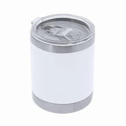 A drink bottle with a stainless steel base and a white body, featuring a clear lid and a silver rim.