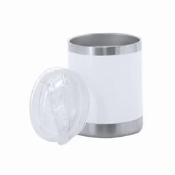 A drink bottle with a stainless steel base and a white body, accompanied by a clear lid.