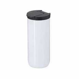 A drink bottle in white with a black lid, featuring a sleek, modern design and a logo on the side.