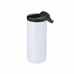 A drink bottle in white with a black lid and a flip-top opening, featuring a brand logo.