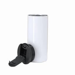 A drink bottle with a white exterior and a black lid featuring a flip-top spout. It has a sleek, cylindrical design.