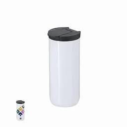 A drink bottle in white with a black lid, featuring a colourful logo design.
