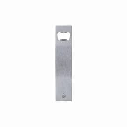 A bottle opener with a sleek stainless steel design and a built-in handle for easy gripping.