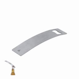A bottle opener with a sleek stainless steel design, featuring a curved shape and a cut-out for opening caps.
