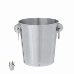A stainless steel ice bucket with two handles, featuring a smooth, shiny finish.
