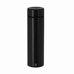 A drink bottle in matte black with a sleek design and a removable lid. It has a logo on the base.