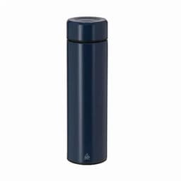 A drink bottle in dark navy blue with a sleek, cylindrical design and a small logo on the base.