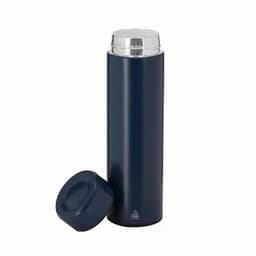 A drink bottle in navy blue with a silver top and a matching lid, featuring a logo.