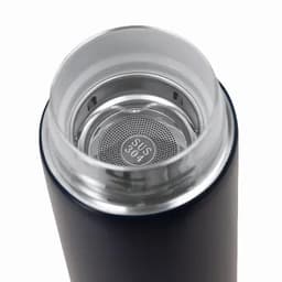 A drink bottle in matte black with a metal interior and a fine mesh filter at the top. It has a modern design and a logo.