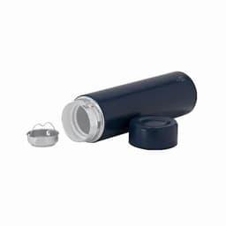 A drink bottle in navy blue with a silver lid and an inner cap, featuring a logo on the side.