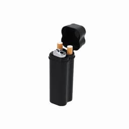 A black drink bottle resembling a lighter, with a removable cap and two beige straws inside. It features a logo.
