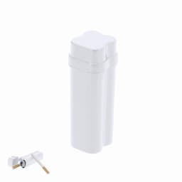 A drink bottle in a sleek white design with a unique cap shape, featuring a logo on the side.