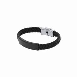 A black braided bracelet with a metallic clasp and a smooth black accent piece. It features a glossy finish.