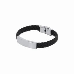 A black braided bracelet featuring a shiny silver rectangular plate and a clasp design.