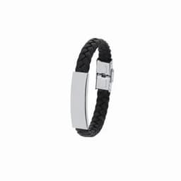 A black braided leather bracelet featuring a silver clasp and a polished silver plate.
