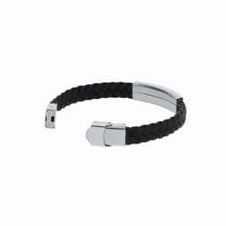 A black braided bracelet with silver metal clasps, featuring a sleek, minimalist design.