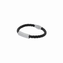 A braided black leather bracelet with a silver metallic clasp. The design is simple and modern.