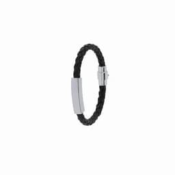 A black braided leather bracelet featuring a sleek silver clasp and decorative metal accents.