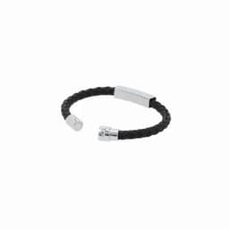 A black braided bracelet with silver-tone metal accents and a clasp closure.