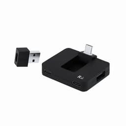 A black USB adapter with multiple ports and a separate USB connector. It includes two USB-C ports and one USB-A port.