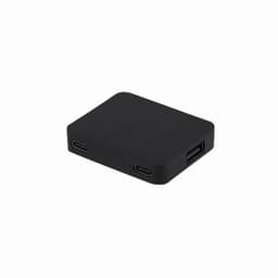 A black charging hub with multiple ports, including two USB-C and one USB-A connection. It has a smooth, rectangular design.